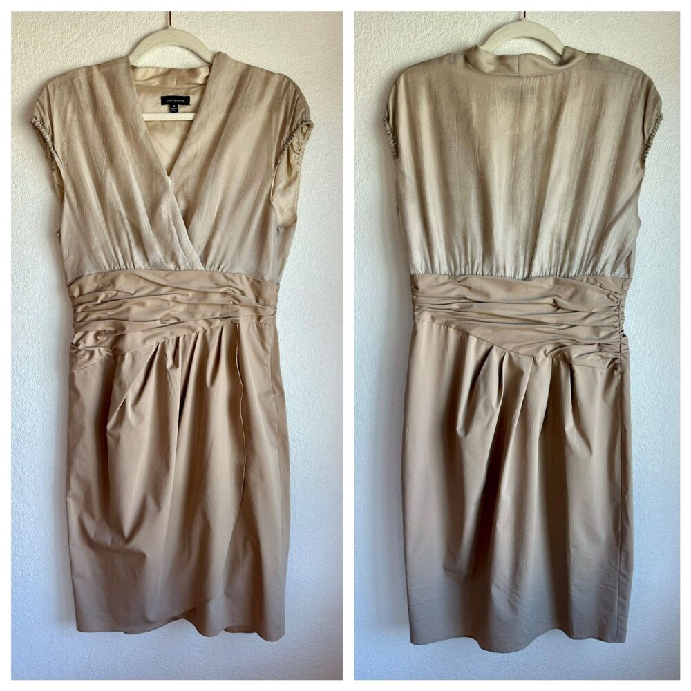 Saks Fifth Avenue Women's Wrap Style Ruched Two Tone Cap Sleeve Dress in Taupe 8